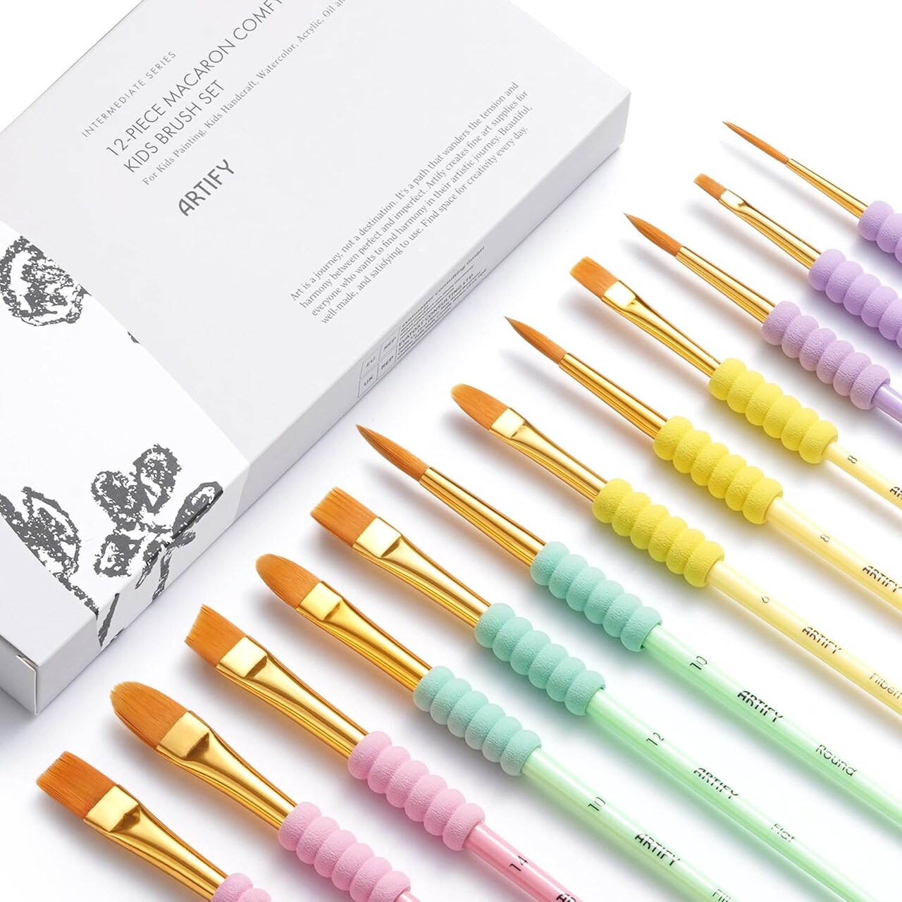 Artify Paint Brushes for Kids, 12-Sizes Paint Brush Set for Kid's Arts and Crafts, Ergonomic Donuts Handle | Macaron Colors Kids Paint Brushes, for Acrylic, Oil, Watercolor, Gouache, Paint by Numbers
